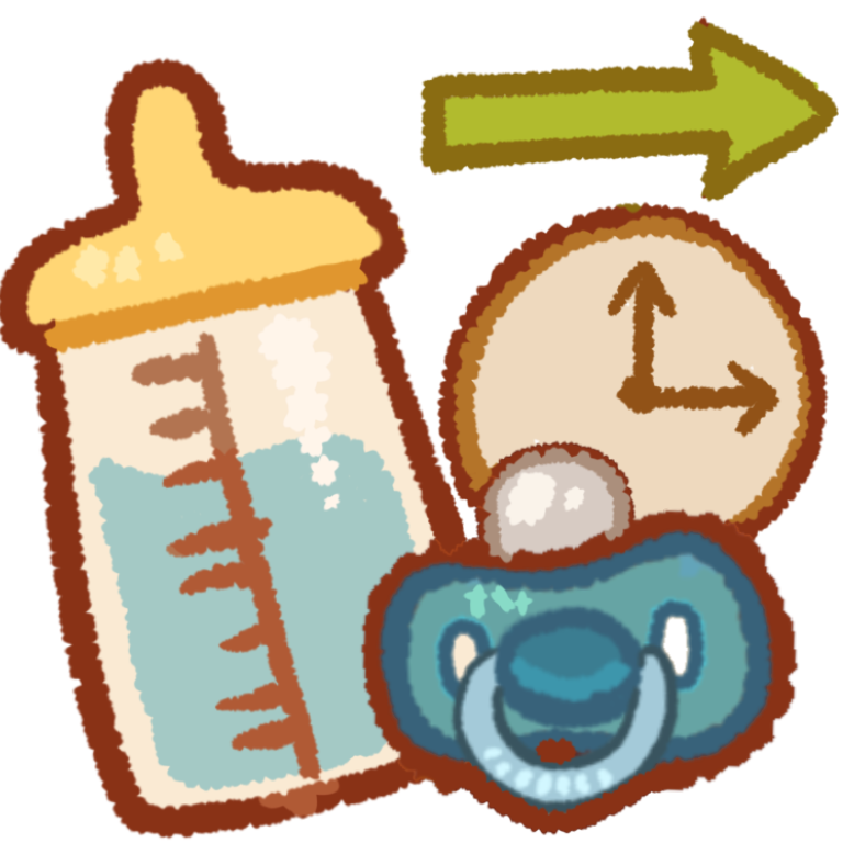  A baby bottle & a blue pacifier , next to a clock with an arrow on top of it , the arrow pointing to the right